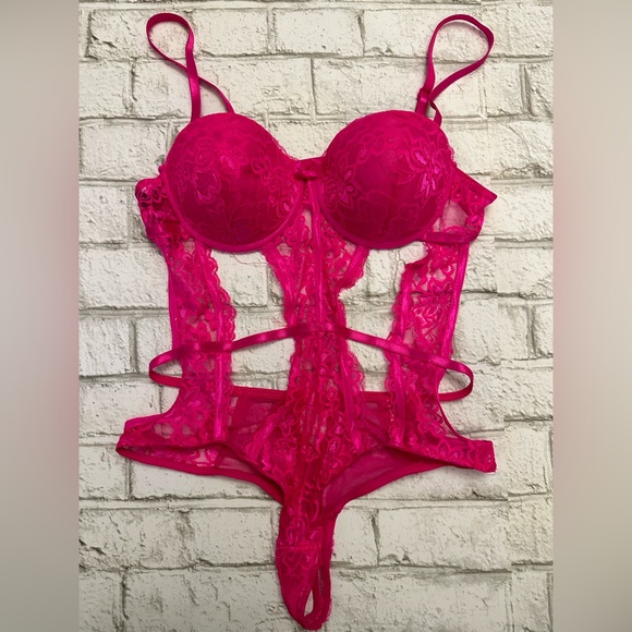 Black Fuc Other - Black Fuchsia bright pink strappy one piece bodysuit lingerie size large
